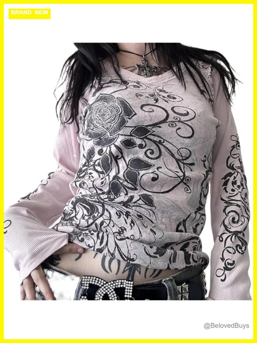 Womens Y2K Grunge Long Sleeve Graphic Tee Crewneck Loose Fit Streetwear Top
